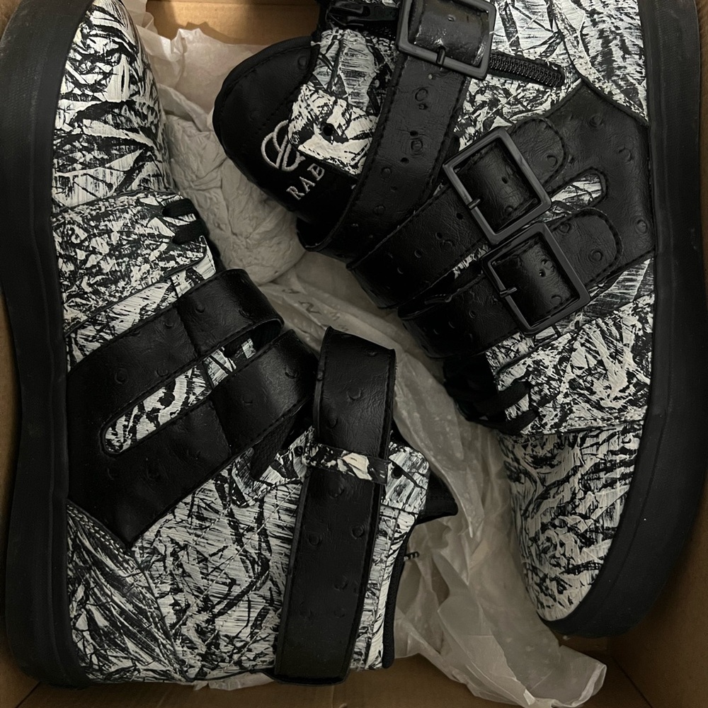 Black and White High-Top Sneakers with Buckles
